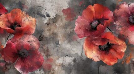 Vibrant poppies petals blending into industrial grunge with cracks