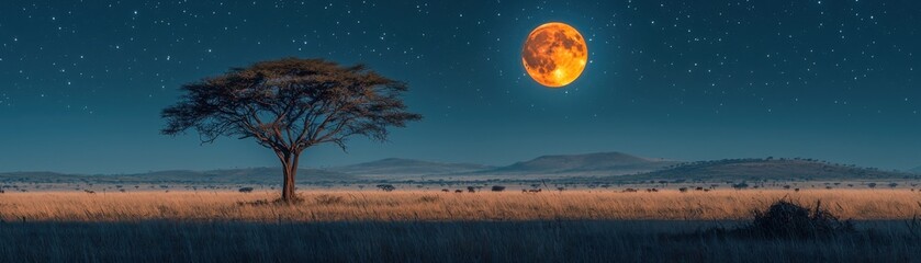 Explore the enchanting beauty of an african savannah under a full moonlit sky