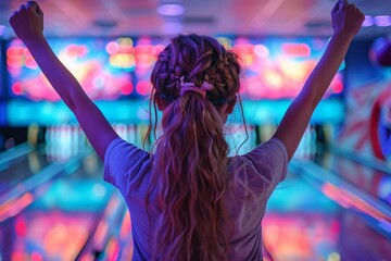 A girl with long, braided hair raises her arms in excitement after a successful bowling strike, surrounded by vibrant neon lights that illuminate the alley's atmosphere