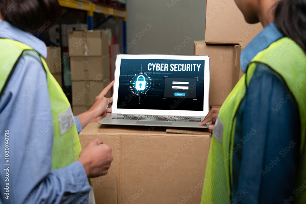 Poster cyber security system on computer screen protect private information snugly from hacker and cyber at