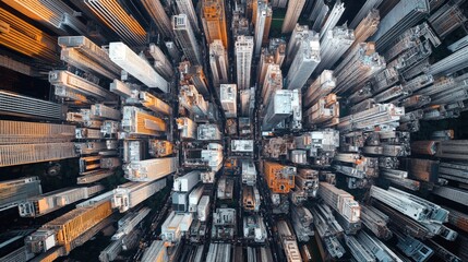 Aerial view of a dense urban cityscape with tall skyscrapers, showcasing modern architecture and grid-like street layout