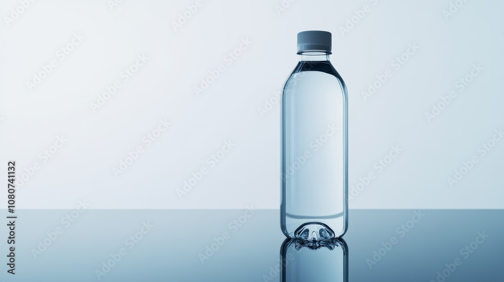 Poster transparent plastic water bottle standing on a reflective glass surface with a simple light blue bac