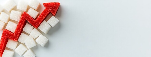 Downward trend in Spanish sweets illustrated with sugar cubes and a red arrow on a white background