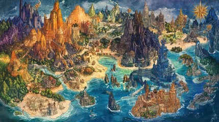 A fantasy map of a sprawling island kingdom, with mountains, forests, castles, and a coastline.