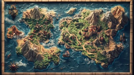 An intricately detailed map of an island chain with mountains, forests, villages, and sailing ships, framed in wood.