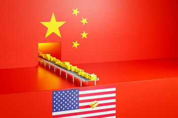 Trade between China and United States of America concept: China dumps lots of cheap products into the US. Many packages falling off at the end of a production line to the US. Trade deficit, trade war.