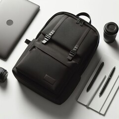 Backpack A sleek black backpack with a minimalist design lying a