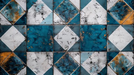 A blue and white tile floor with a pattern of squares. The tiles are old and worn, giving the floor a vintage look