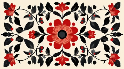 Traditional polish folk art floral pattern with red and black flowers and leaves