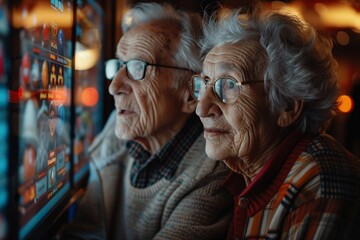 Fototapeta premium An elderly couple closely watches their slot machine screen, excitedly hoping for a win. The warm casino lights create a cozy atmosphere as they enjoy their time together