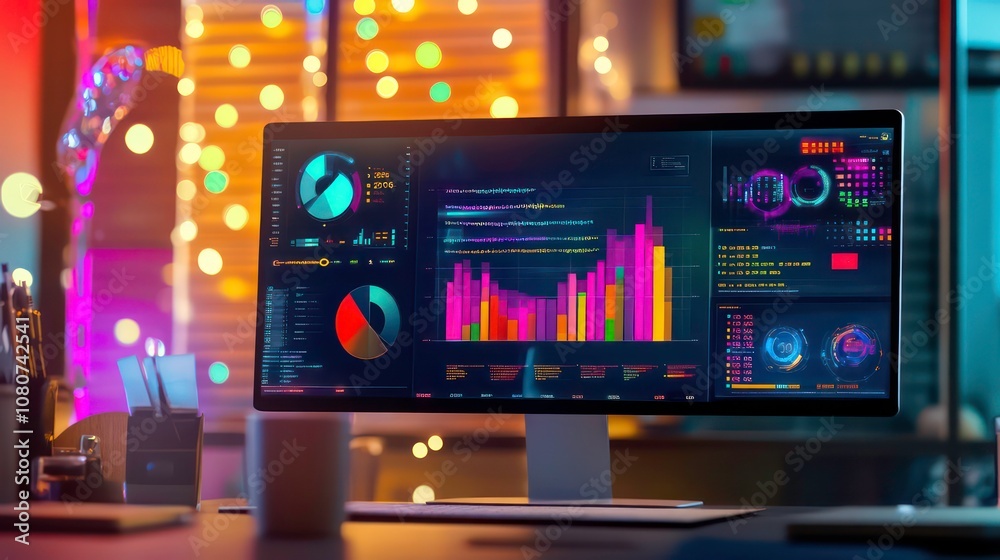 Poster A computer screen displaying data analytics with a blurred background of a night office.