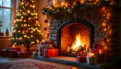 A beautifully decorated Christmas tree stands beside a warm fireplace adorned with gifts and glowing candles, creating a festive and cozy atmosphere.