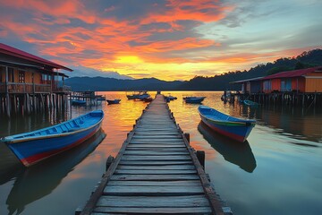 A wooden pier extends into a tranquil bay at sunset, with colorful boats moored on either side and stilt houses in the background.