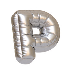 Metallic silver balloon in the shape of the letter P on a white background, ideal for parties, events, and decorative displays. 3D render illustration