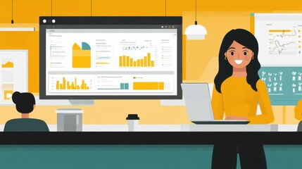Professional woman working on laptop with business analytics dashboard displayed behind, showcasing data analysis and teamwork in a modern office environment