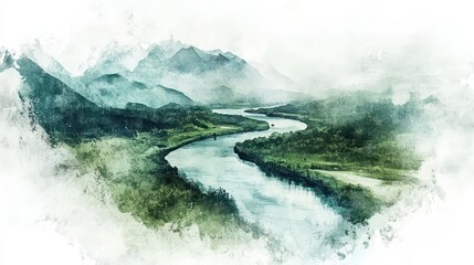 Valley river with faded paint on textured wallpaper background
