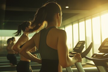 An Inspiring Fitness Journey A group of Women Running on Treadmills against the beautiful backdrop of a stunning Sunset, showcasing their dedication and commitment to a healthy lifestyle