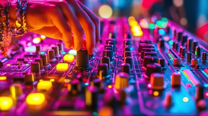 Obraz premium Close-up of a DJ's hand adjusting the knobs on a mixing console during a performance at a nightclub.