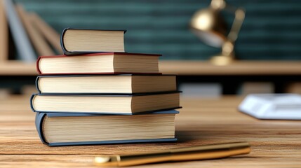 A stack of aged books rests on a wooden desk with a pen beside them, creating a scholarly and classic atmosphere.