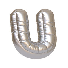 Metallic silver balloon in the shape of the letter U, isolated on a white background, ideal for festive decorations and typography designs. 3D render illustration