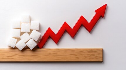 A striking visual representation of the significant decline in the sugar market highlighted by a downward red arrow on a sugar cube bar graph