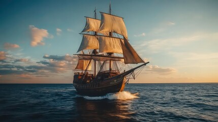 A classic wooden sailing ship with billowing sails on the open sea