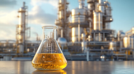 A glass beaker filled with a yellow liquid sits on a table in front of a large industrial refinery