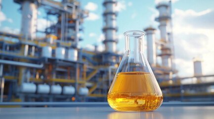 A glass beaker filled with amber liquid sits in front of a refinery, suggesting the importance of chemical processes in the industry