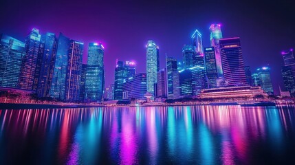 Fototapeta premium A vibrant city skyline illuminated by colorful lights reflecting on the water.