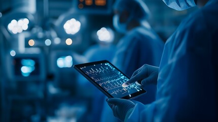 Medical professionals using a tablet in a healthcare environment for patient monitoring and analysis.