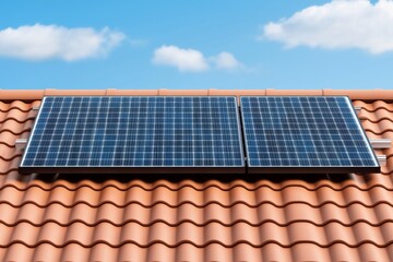 Under bright sunlight, solar panels on the roof generate renewable energy