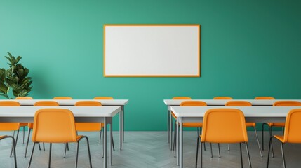 A modern classroom featuring orange chairs, white desks, a green wall, and a blank whiteboard, creating a vibrant and inviting learning environment.