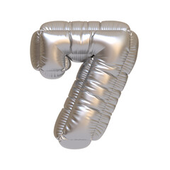 Metallic silver foil balloon in the shape of the number 7 on a white background, perfect for birthdays, anniversaries, and celebrations. 3D render illustration