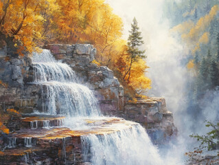 Fototapeta premium Majestic waterfall tumbling down rocky cliffs surrounded by autumn foliage