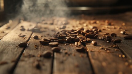 A close-up of scattered coffee beans on a rustic wooden surface with steam in the background.