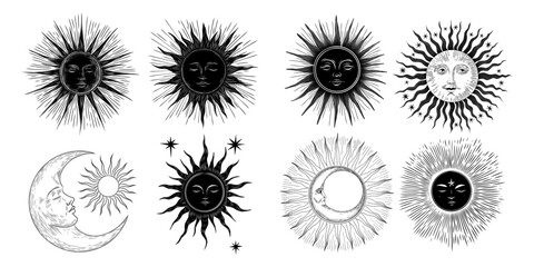 Vector illustration set of moon phases. Different stages of moonlight activity in vintage engraving style. Zodiac Signs