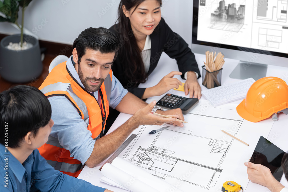 Poster diverse group of civil engineer and client working together on architectural project, reviewing cons