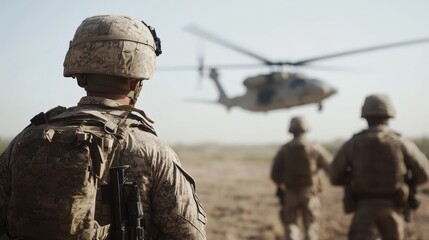 Soldiers in full gear, with a helicopter overhead, engage in a dynamic military operation on a dusty landscape, showcasing teamwork and readiness.