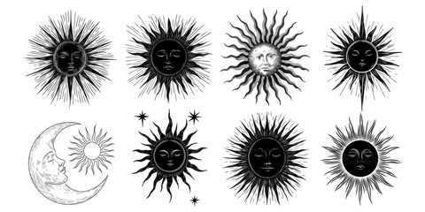 Vector illustration set of moon phases. Different stages of moonlight activity in vintage engraving style. Zodiac Signs