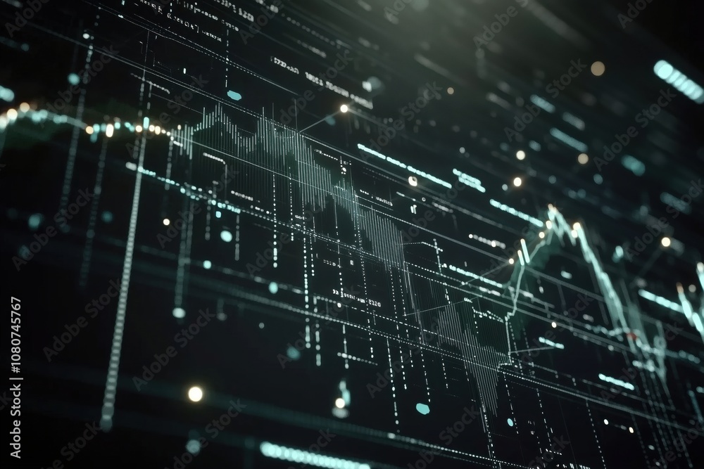 Poster financial data visualization, abstract digital graph with fluctuating lines and data points, represe