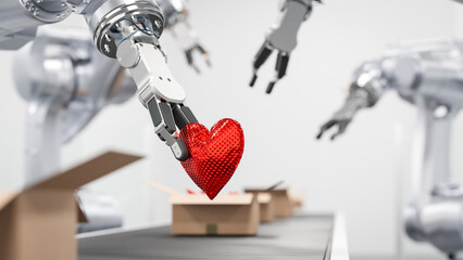 A gift in the form of a red heart being placed into cardboard boxes on a conveyor belt by a robot...