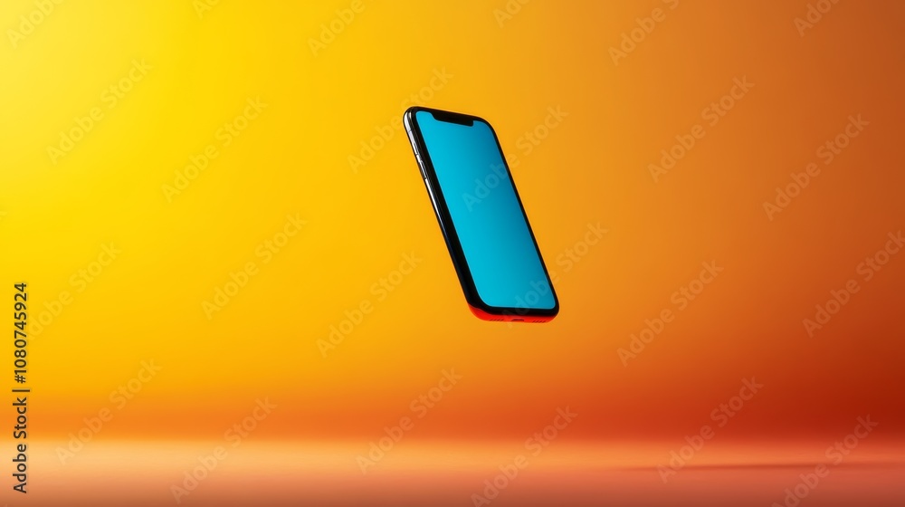 Poster modern smartphone with blank blue screen floating on a vibrant orange yellow gradient background, cr