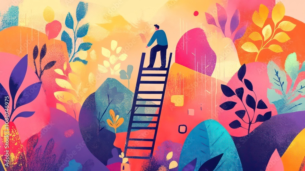 Aufkleber a man climbing a ladder in a colorful abstract landscape, symbolizing growth and progress.