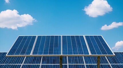 An aerial view showcasing renewable energy technology of solar panels under a blue sky.