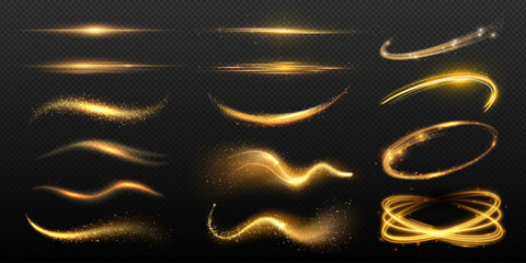 Set of abstract gold glitter wave, shiny stardust explosion, golden lighting sparkle trail, magic glow light effect and futuristic 3d glowing spiral or circle shape on dark transparent background.