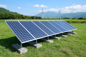 Power lines with solar panels in front, displaying renewable energy infrastructure.