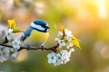 Fototapeta premium A charming blue tit rests delicately on a branch adorned with cherry blossoms basking in the warm glow of a spring morning. Natures beauty unfolds in harmony.