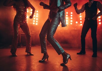 Retro nightclub dancers in colorful outfits under spotlight, 70s aesthetic