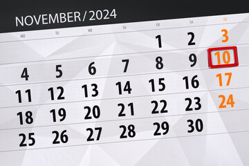 Fototapeta premium Calendar 2024, deadline, day, month, page, organizer, date, November, sunday, number 10