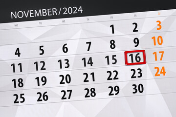 Calendar 2024, deadline, day, month, page, organizer, date, November, saturday, number 16